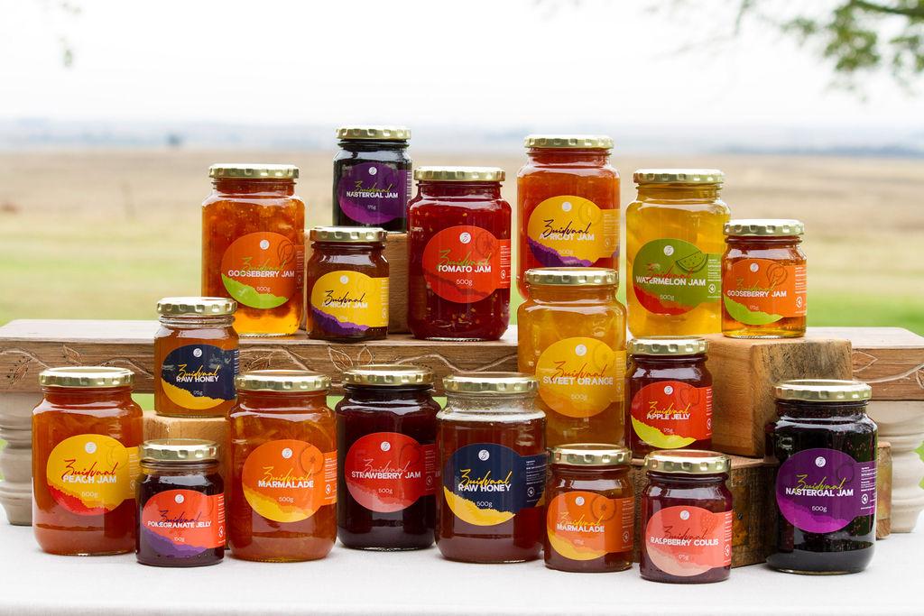 The full Zuidvaal range — handcrafted preserves on the farm